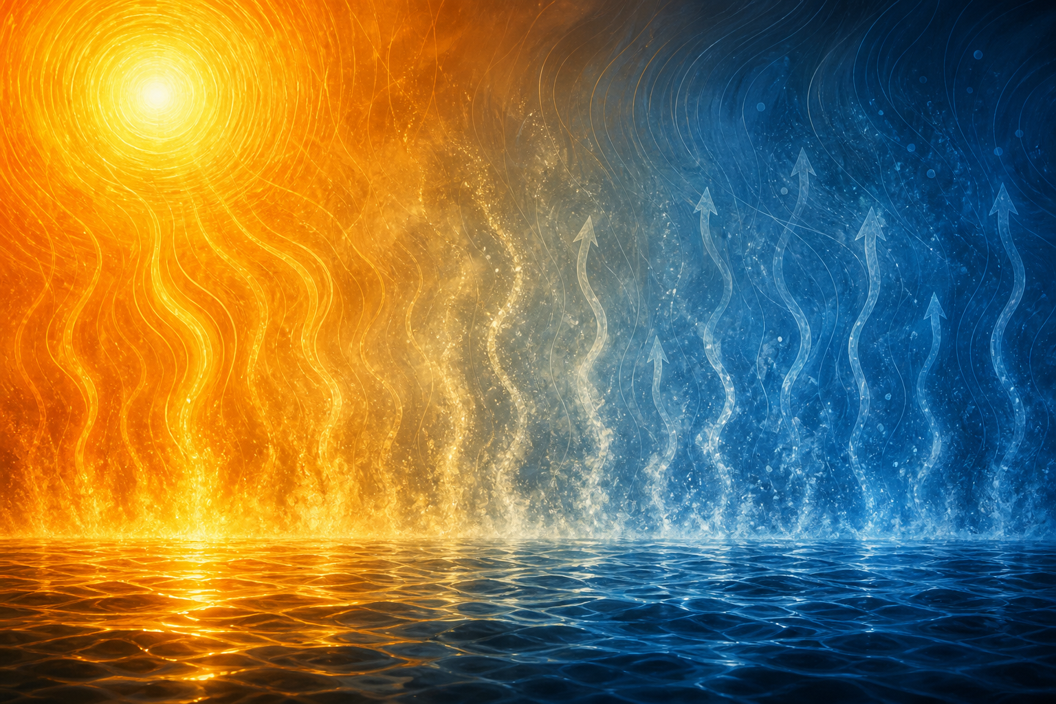 Calor e vapor sobre água — gradiente entre sol e umidade